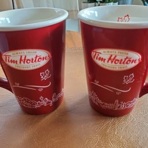 2 Tim Hortons Coffee Mugs 16 Oz Ceramic Genuine Limited Edition  2010 Red